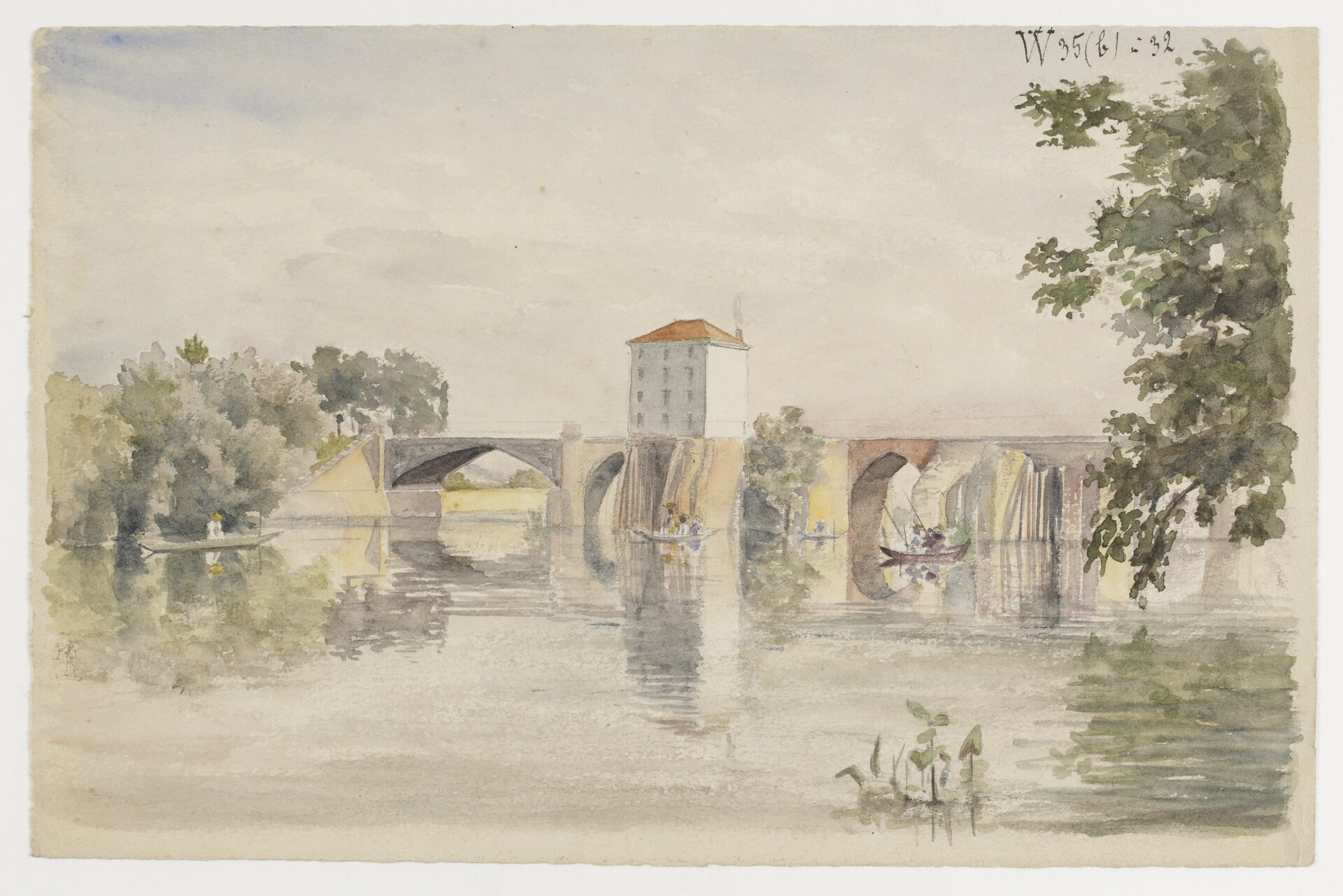 Ancien pont de Poissy avec son arche marinière et moulin vu depuis l'aval, aquarelle peinte entre le 30 mars 1898 et 1909.