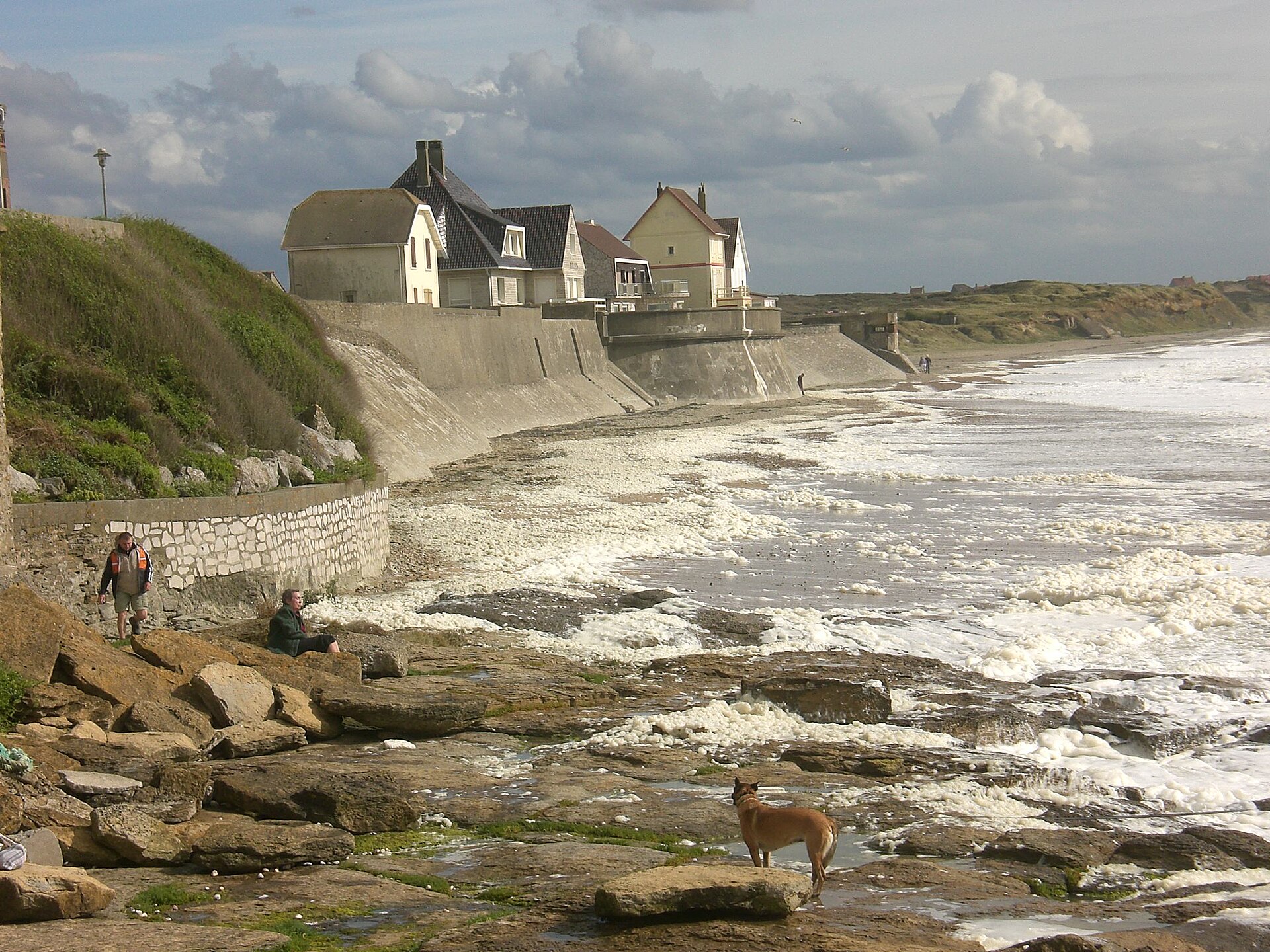 Littoral d'Audresselles avec les habitations qui longent la côte, protégées de la Manche par des perrés, en grande partie privés, construits par les propriétaires riverains à la fin du XIXe siècle. Audresselles est une petite commune très jolie au sud du Cap Gris-Nez dans le Pas-de-Calais.