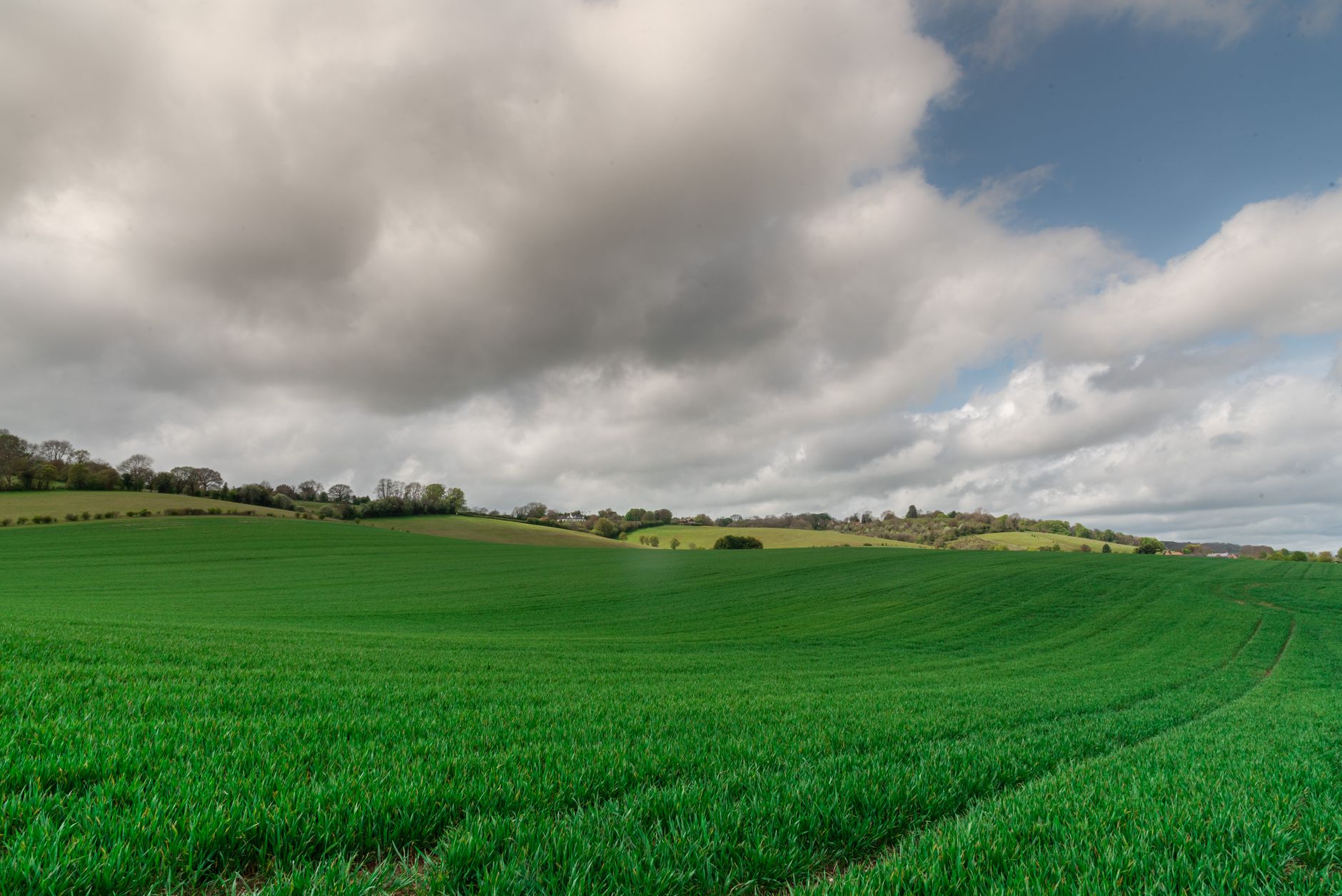 Expansive green fields in the UK countryside under a dramatic cloudy sky, capturing the essence of rural beauty.