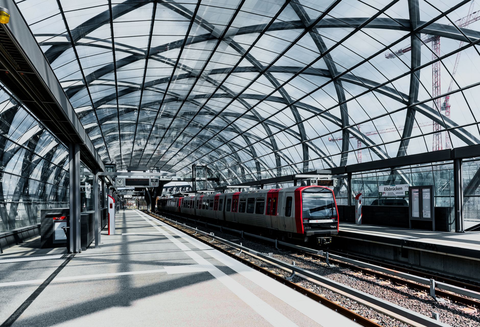 Architectural shot of Elbbrücken train station in Hamburg, showcasing modern design and infrastructure.