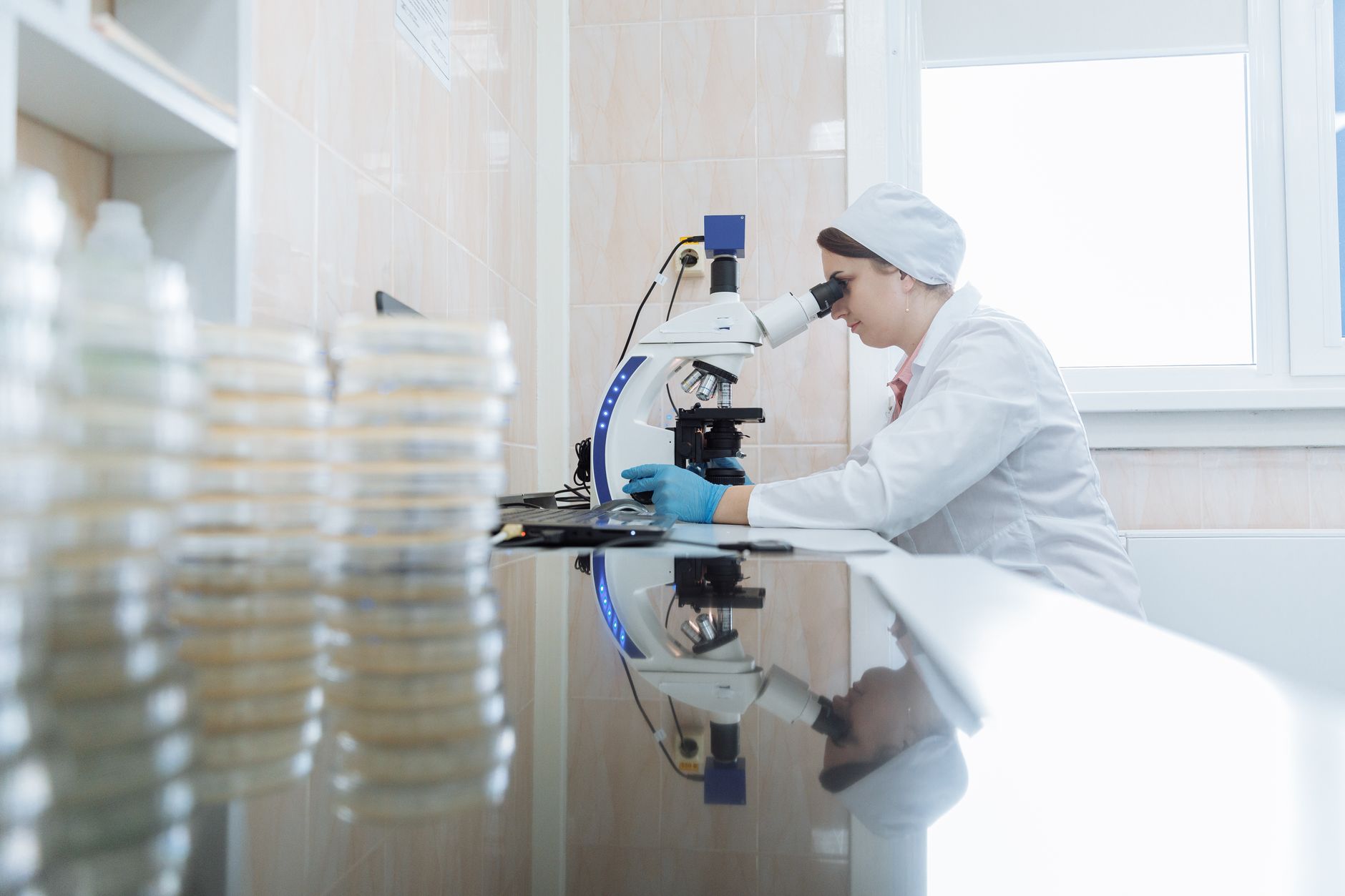 Scientifique observant des échantillons biologiques au microscope