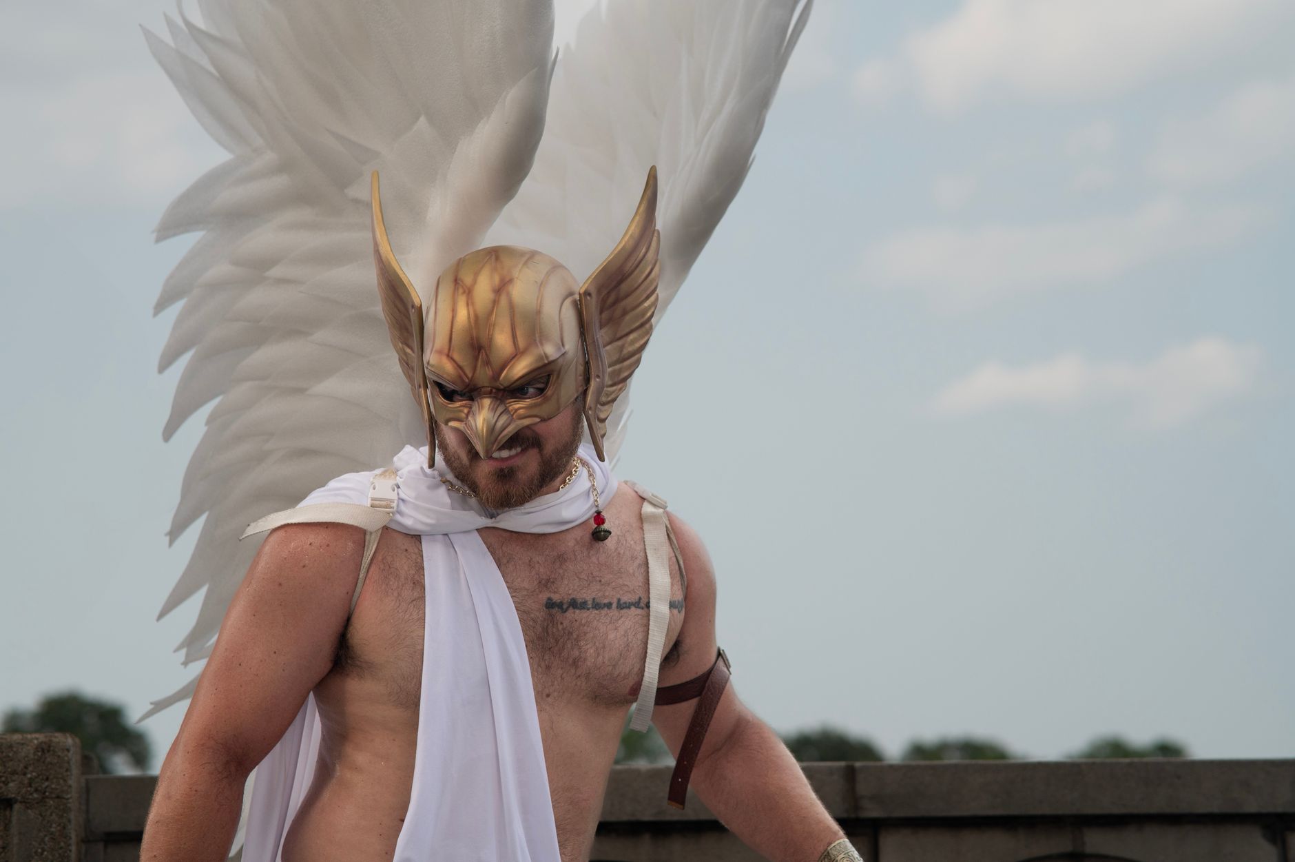 Winged fantasy creature facing a warrior near dark water